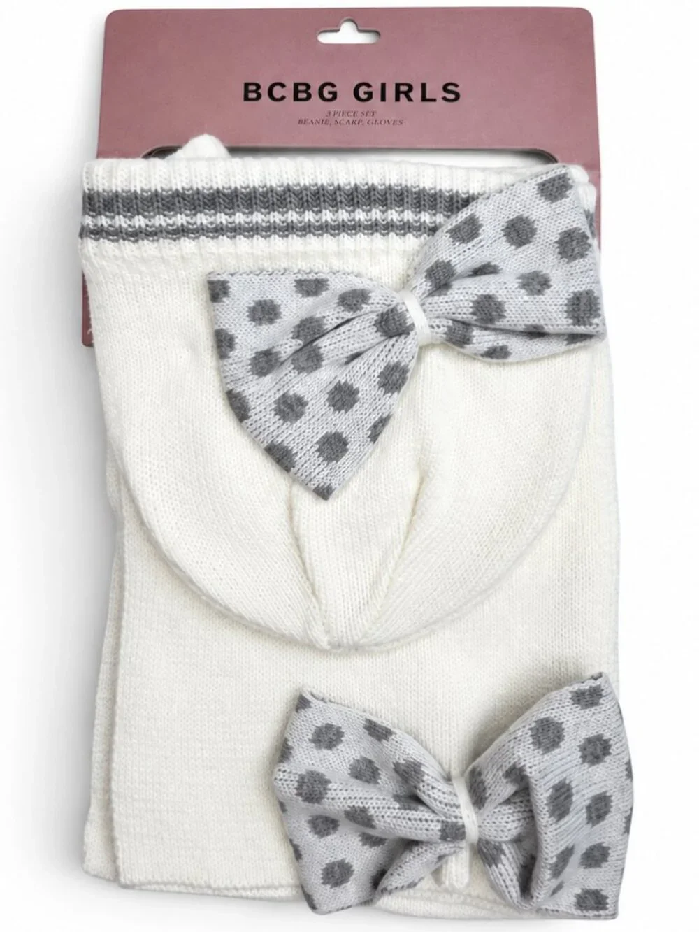 BCBG Girls 3-Piece Knit Beanie Scarf & Gloves Set White Gray Polka Dot Bows NWT